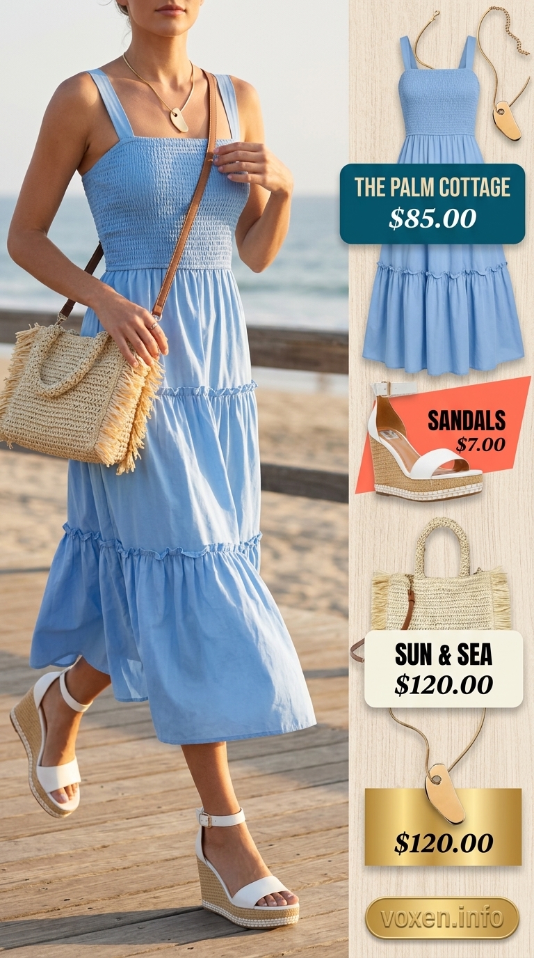 Sky blue flowy maxi sundress for beach dinners. Summer sundresses for women 2026, resort wear.