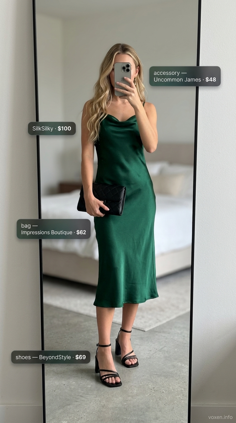 Sultry evening outfit: Emerald green satin slip sundress, strappy heels, and gold drop earrings for summer 2026.