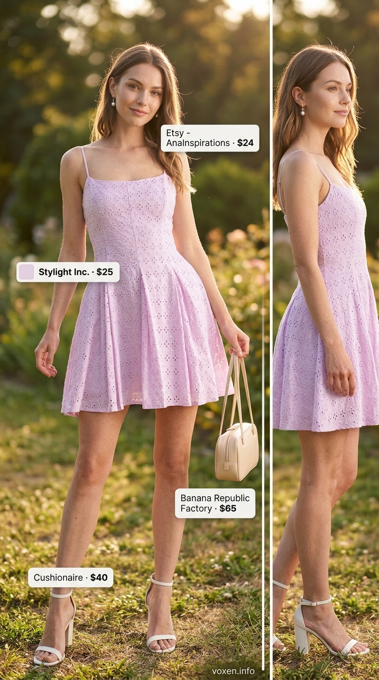 Soft lavender eyelet mini sundress with block heel sandals, pearl drop earrings, and top-handle bag. Summer sundresses for women 2026.