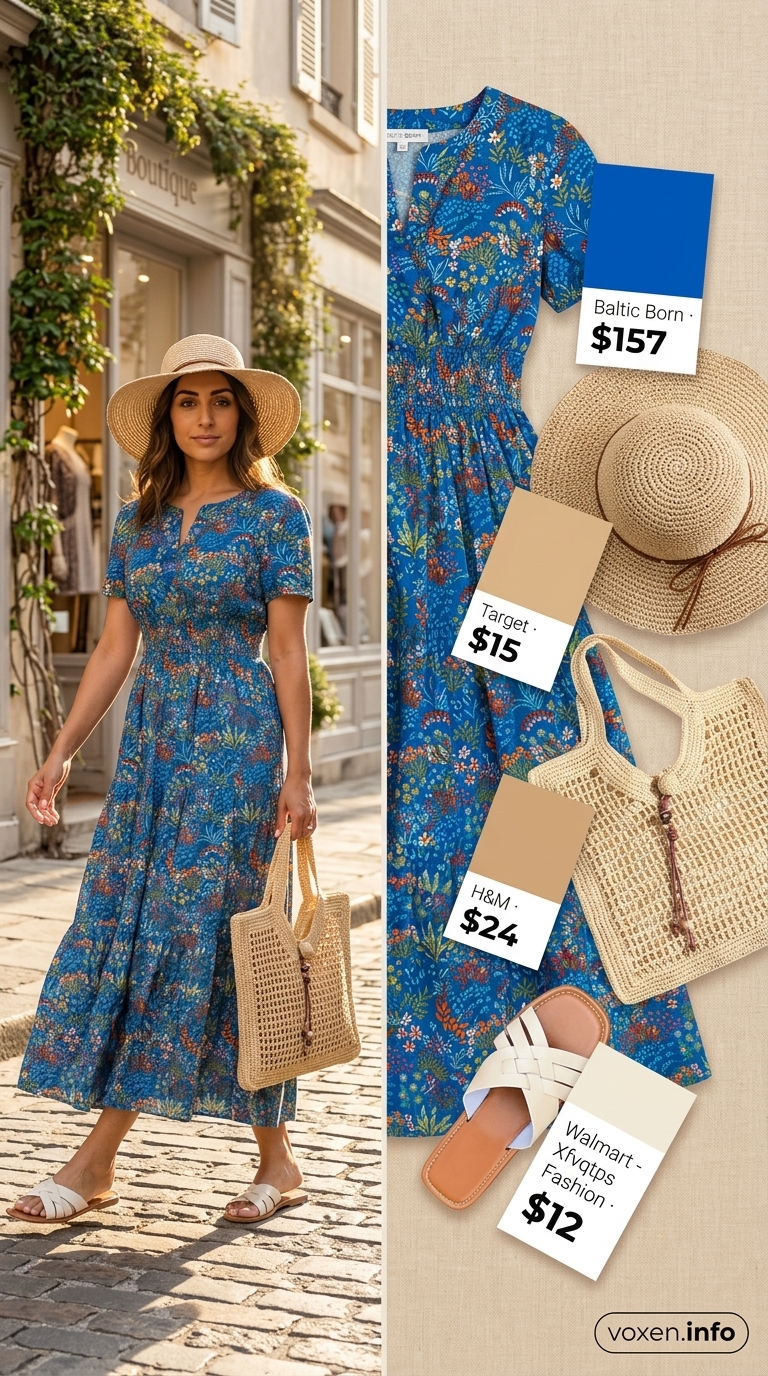 Bright cobalt blue flowy maxi sundress with white slide sandals, straw hat, and straw tote. Summer sundresses for women 2026.