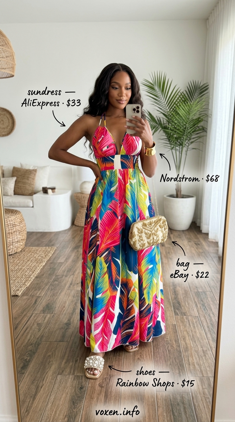 Vibrant tropical print halter maxi sundress with gold cuff bracelet, beaded clutch, and embellished flat sandals. Summer sundresses for women 2026.