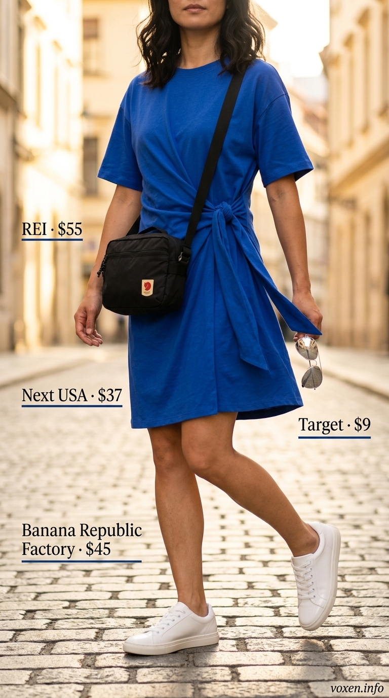 Bright cobalt blue cotton mini sundress with white sneakers, silver aviators, and nylon crossbody bag. Summer sundresses for women 2026.