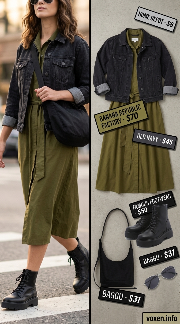 Urban safari outfit: Khaki utility shirtdress sundress, black combat boots, and denim jacket for summer 2026.