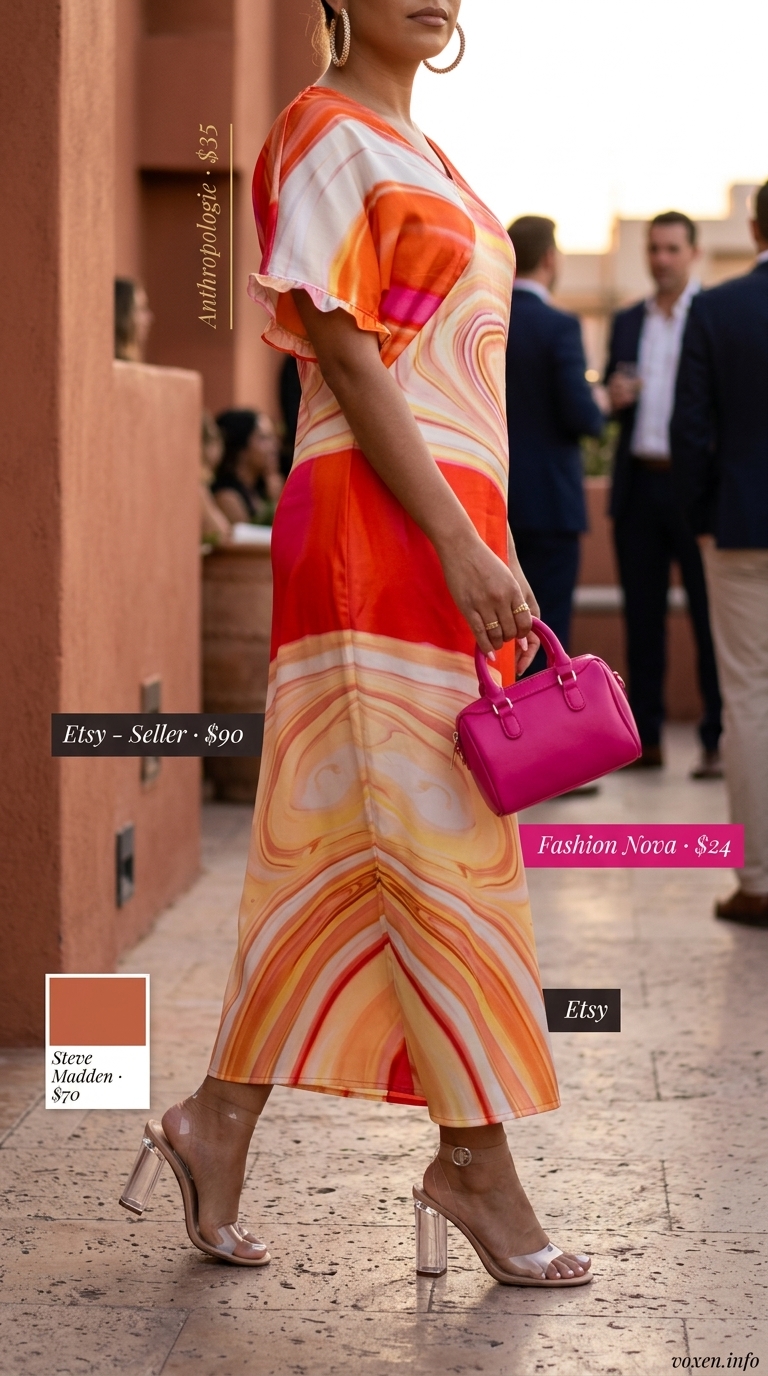 Sunset orange midi wrap sundress for summer parties. Summer sundresses for women 2026, vibrant.