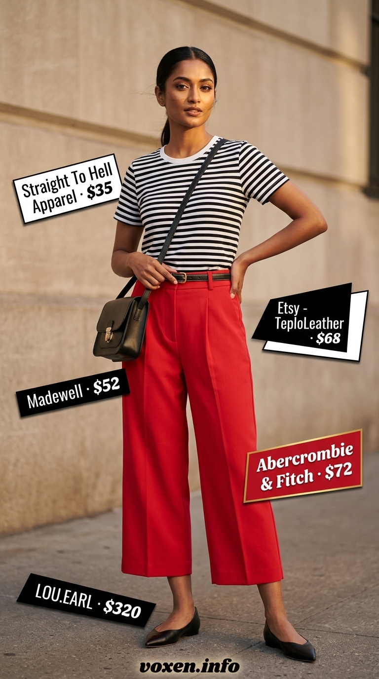 Bright red tailored culottes for women 2026, styled with a striped tee and black flats for a bold casual look.