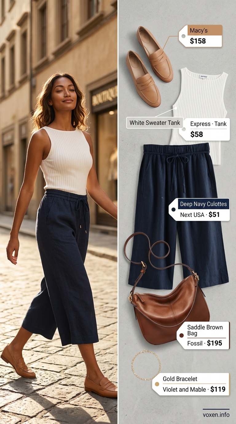 Navy tailored culottes for women 2026 with a white knit top and loafers for business casual.