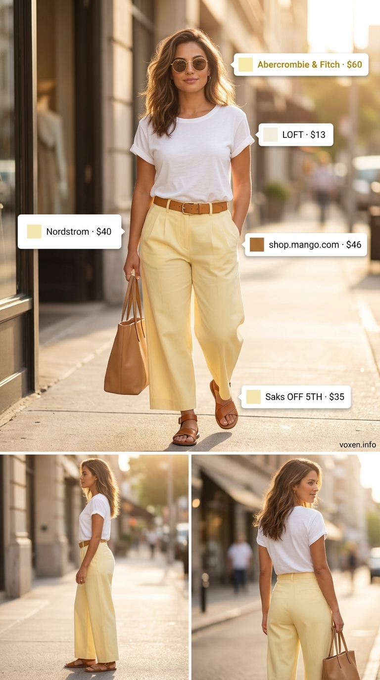 Pale yellow tailored culottes for women 2026 with a white tee and tan sandals for a casual day out.