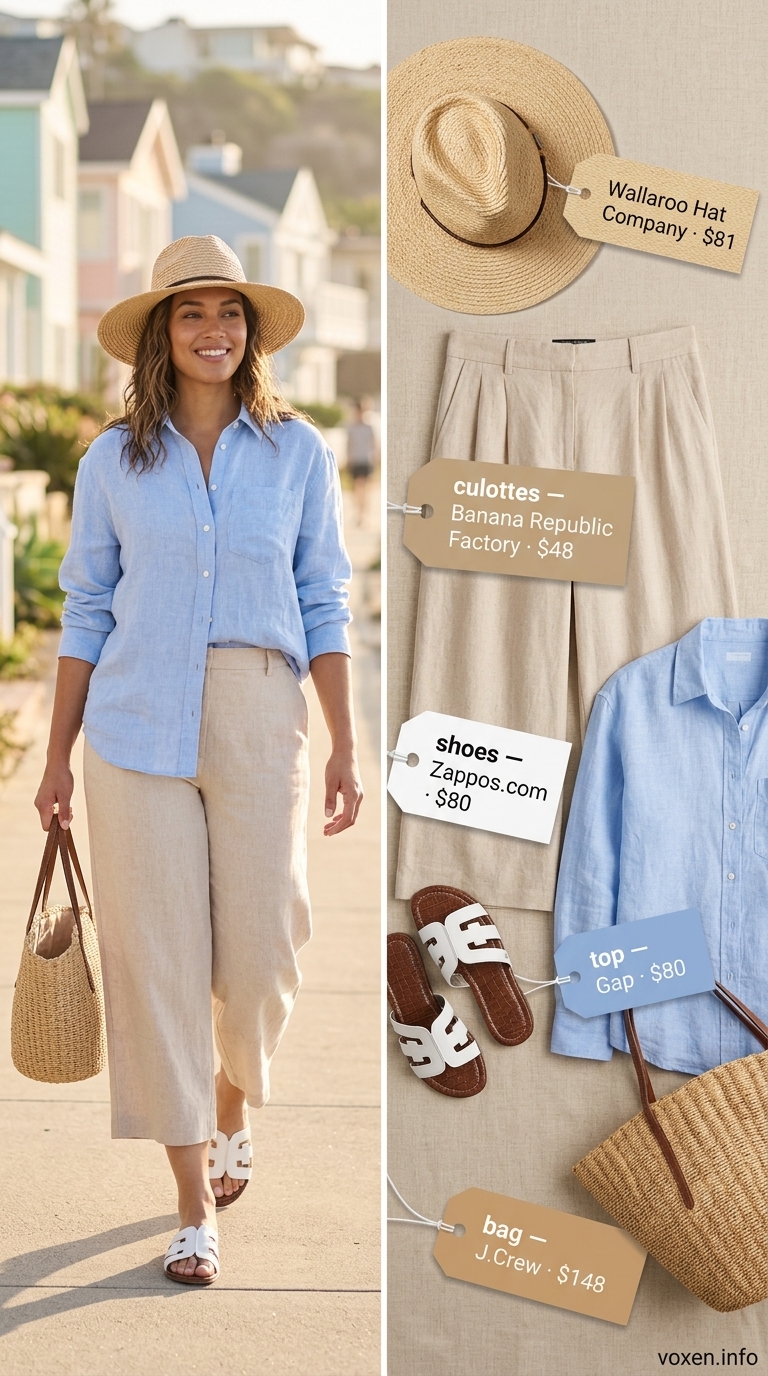 Light beige tailored culottes for women 2026 with a sky blue linen shirt and straw accessories.