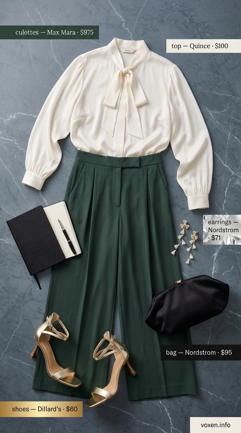 Elegant forest green tailored culottes for women 2026 paired with ivory silk blouse for summer evening events.