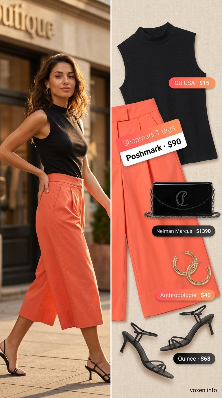 Bright coral tailored culottes for women 2026 with a black mock neck top for a summer evening event.