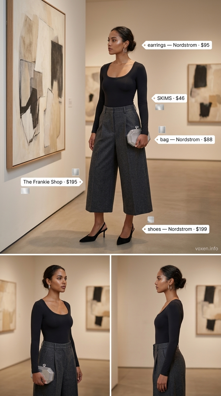 Chic charcoal grey tailored culottes for women 2026, styled with a black bodysuit and silver accessories for a minimalist look.