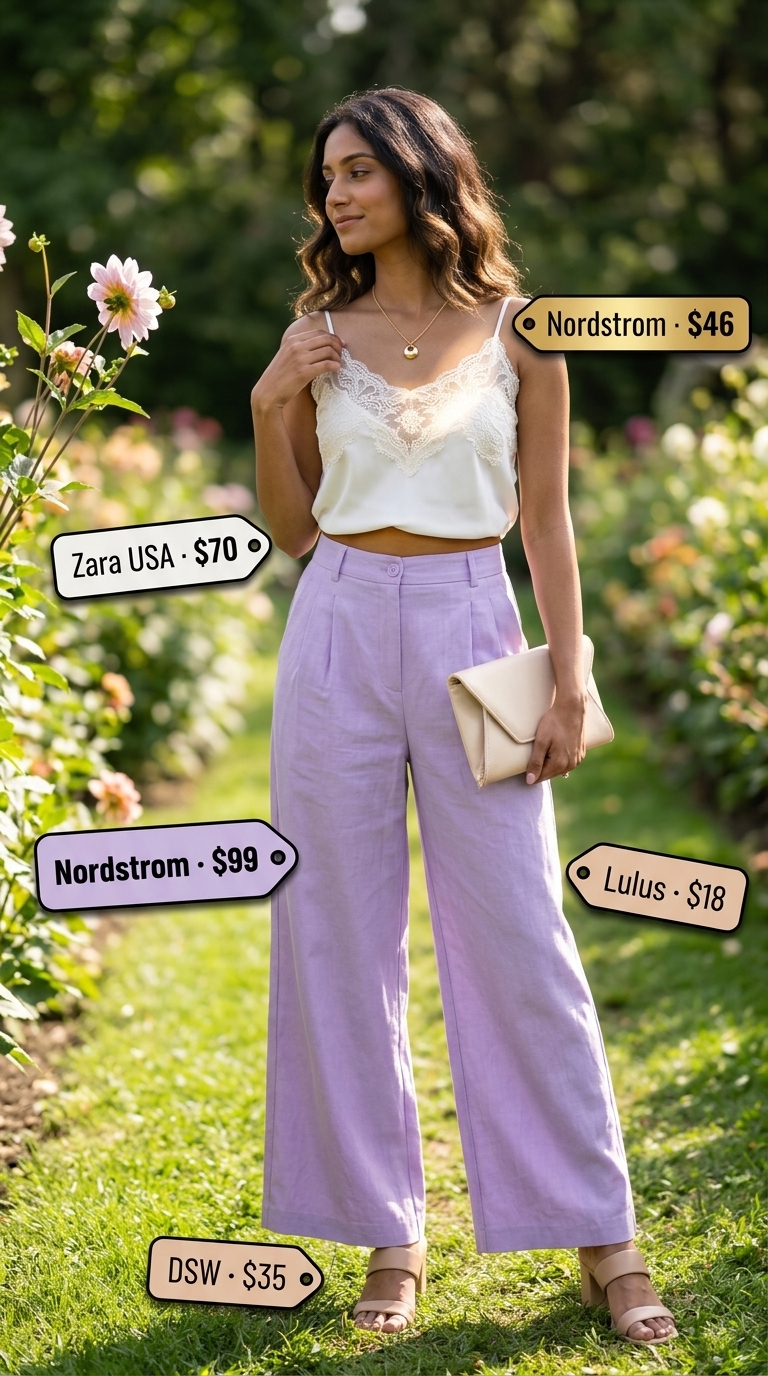 Dreamy lavender tailored culottes for women 2026, styled with a white lace top and nude heels for a romantic garden party look.