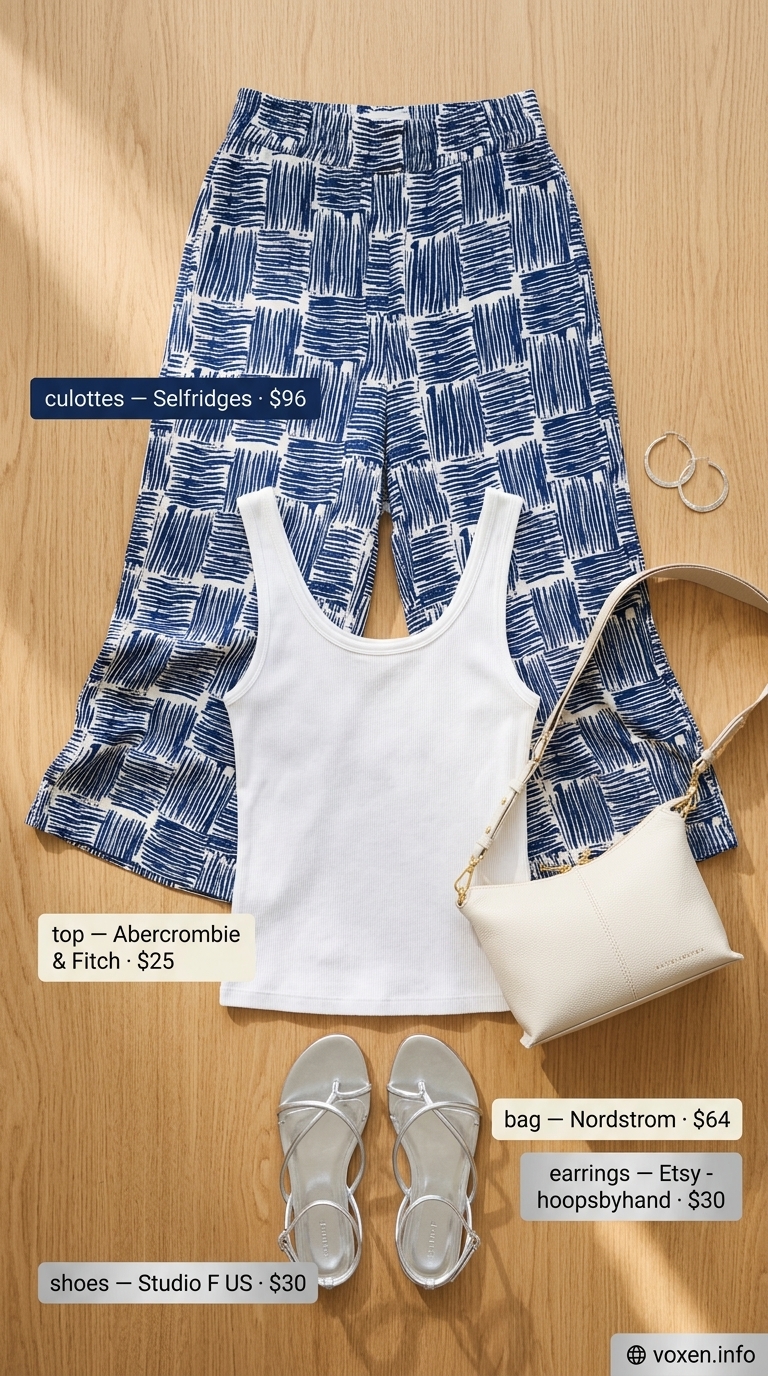 Playful blue abstract print tailored culottes for women 2026, paired with a white tank and minimalist sandals.