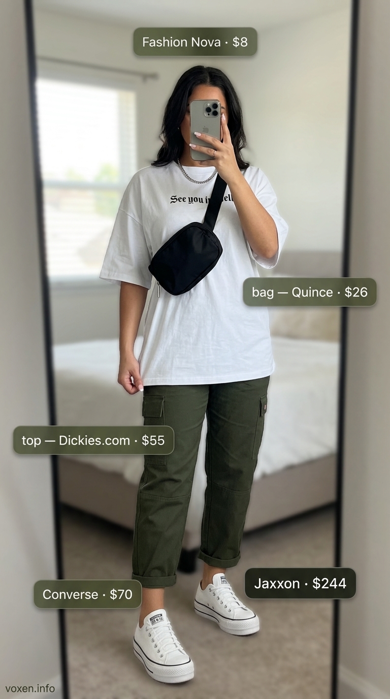 Relaxed olive green cargo culottes for women 2026, styled with a graphic tee and sneakers for a casual weekend look.