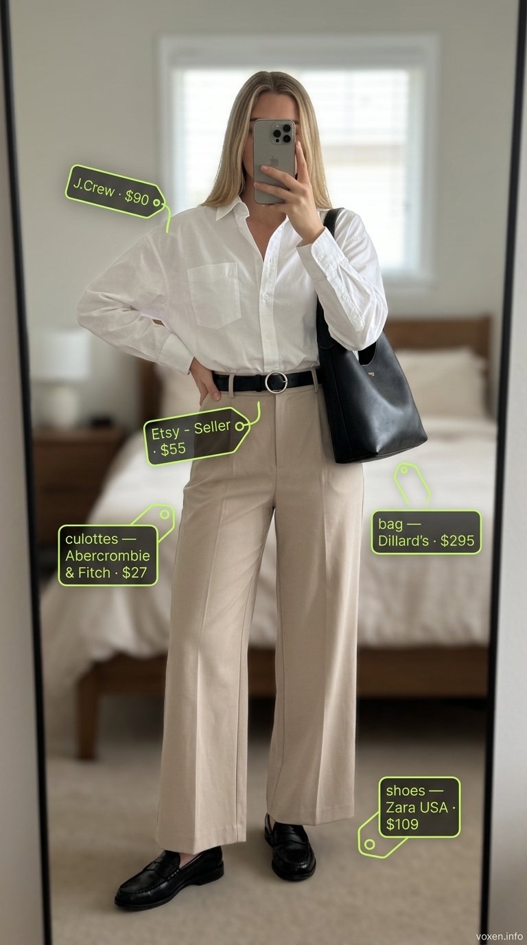 Beige tailored culottes with an oversized white shirt, black loafers, and leather belt for classic office style 2026.