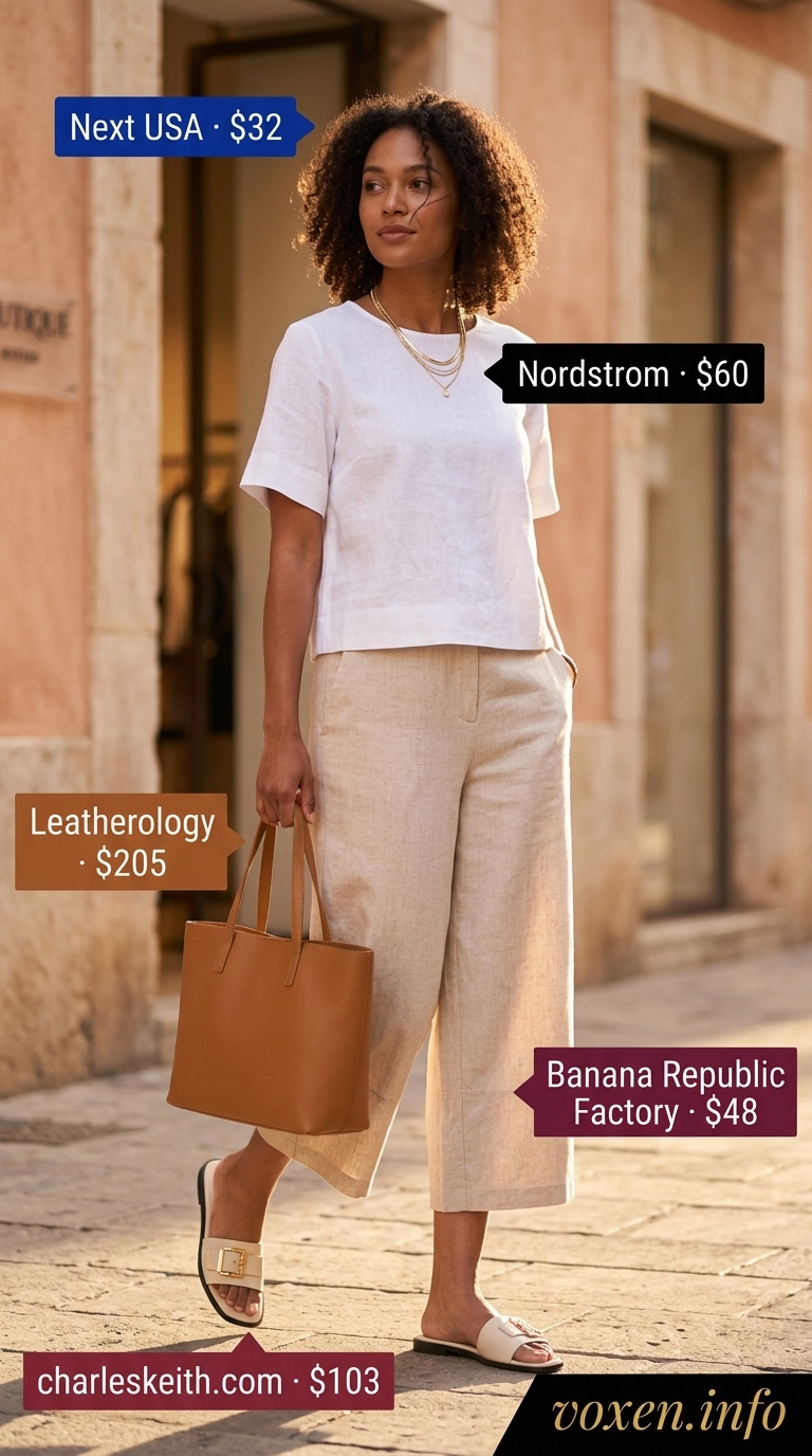 Beige linen culottes and boxy top set with gold necklaces and leather tote for relaxed weekend style 2026.