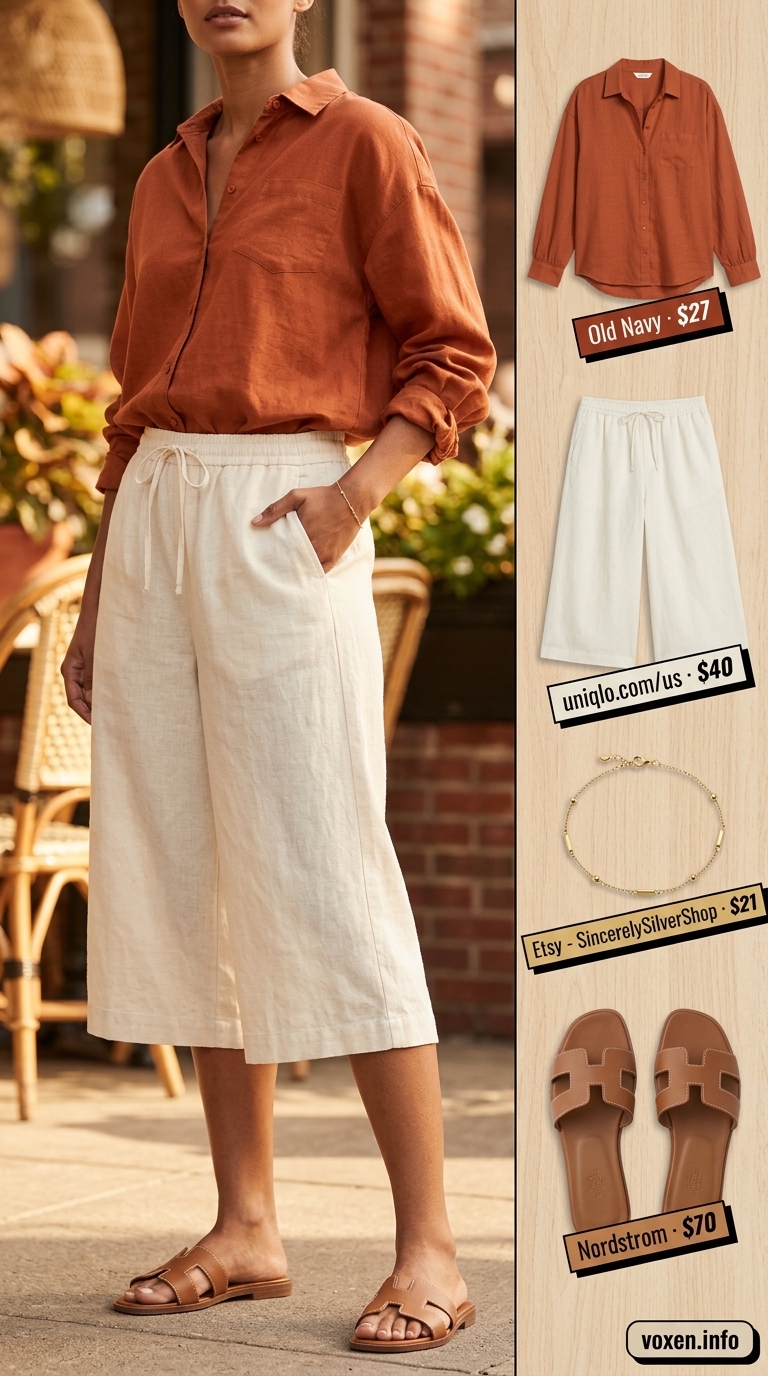 Cream linen tailored culottes with a coral oversized shirt, tan sandals, and gold bracelet for chic city style 2026.
