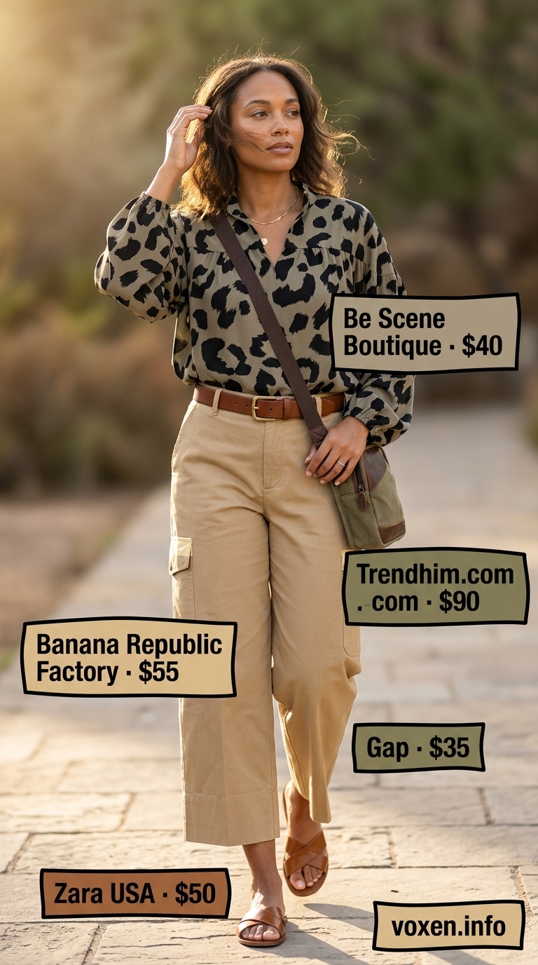 Khaki utility tailored culottes with a beige animal print blouse, leather belt, and flat sandals for safari style 2026.