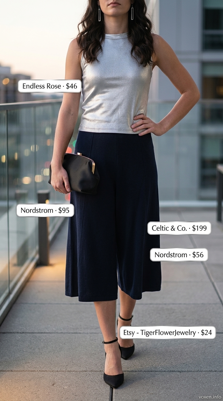 Navy tailored culottes with a shimmering silver top, black clutch, and stiletto heels for summer evening glamour 2026.