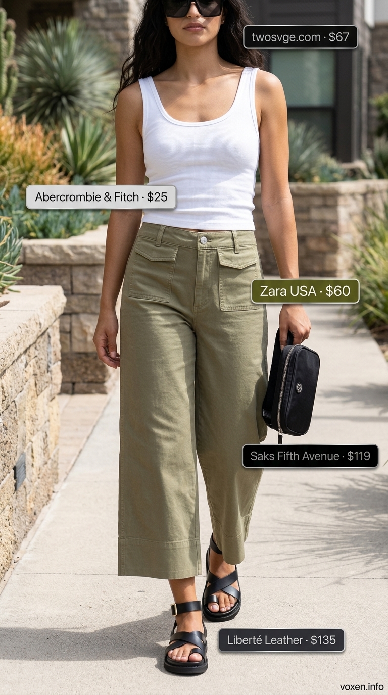 Olive green utility culottes with black platform sandals, white tank, and belt bag for edgy weekend style 2026.