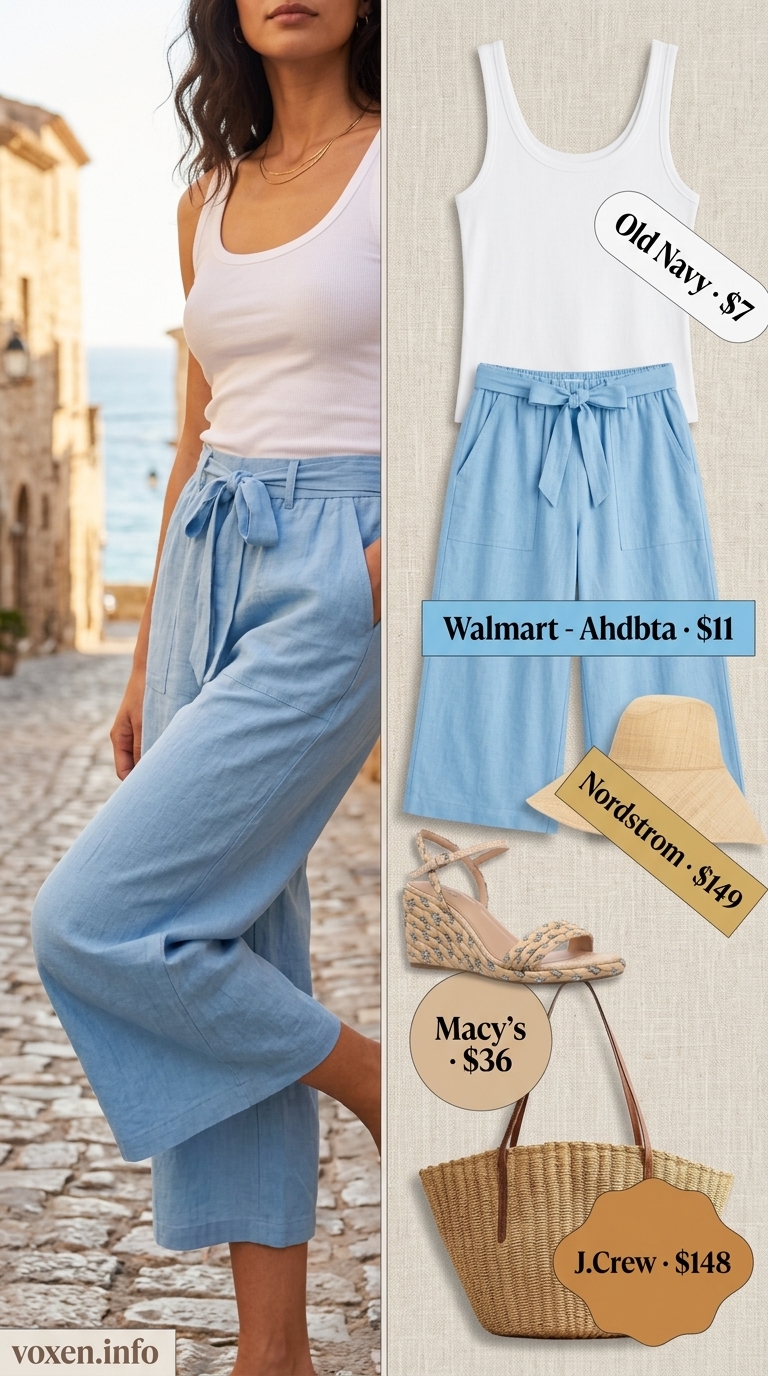 Sky blue linen tailored culottes with white ribbed tank, straw hat, and espadrilles for coastal summer vibes 2026.