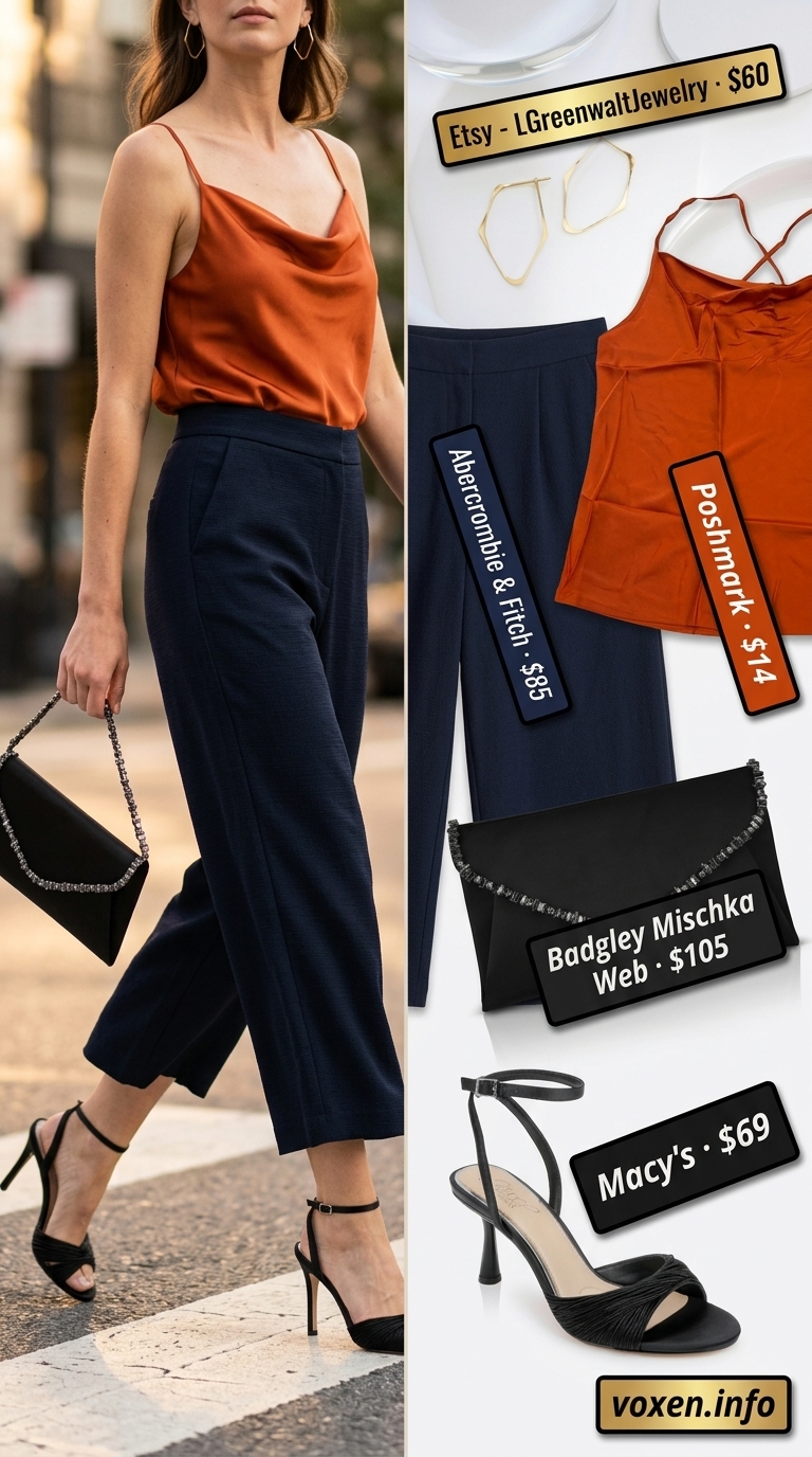 Sunset Orange satin camisole with black tailored culottes, gold earrings, and black heels for summer evening style 2026.