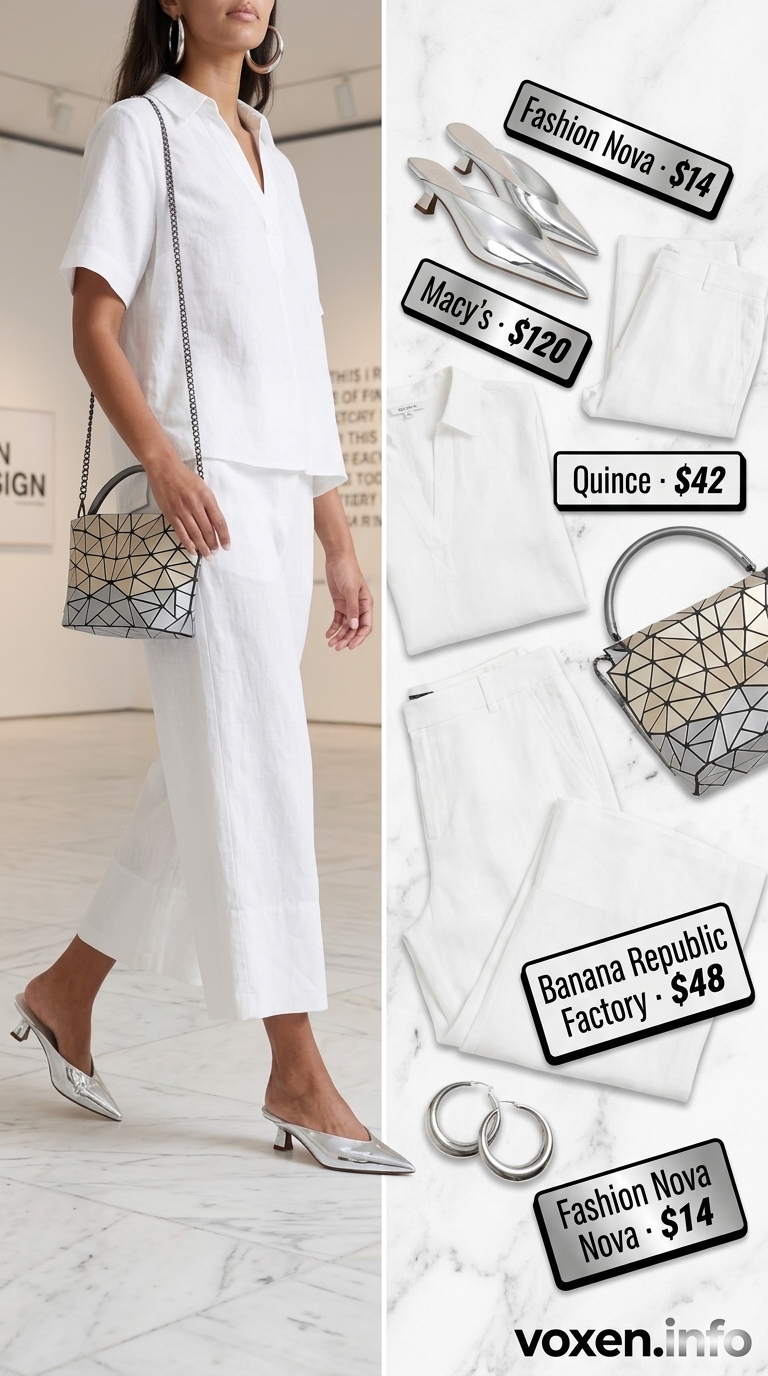 Crisp white tailored culottes with a white linen top, silver hoops, and metallic mules for minimalist chic 2026.