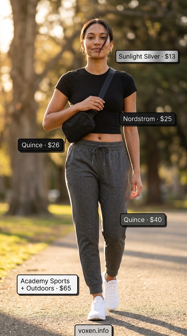 Athleisure Comfort: Grey joggers & black tee for summer tops outfit for women 2026.