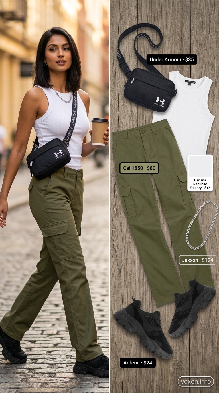 Khaki cargo pants outfit for women 2026, with a white tank top and chunky sneakers for a casual weekend look.