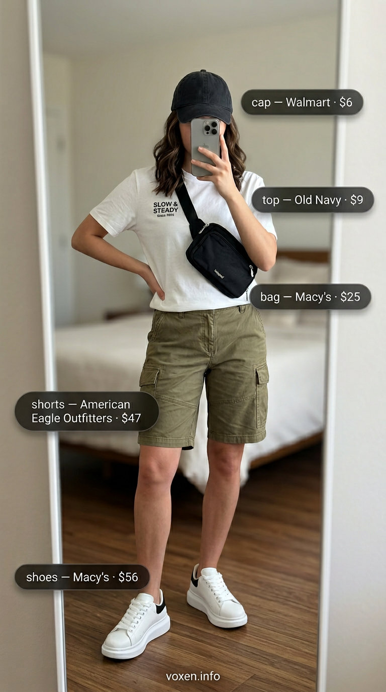 Olive green cargo shorts outfit for women 2026, paired with a graphic tee and chunky sneakers for an edgy look.