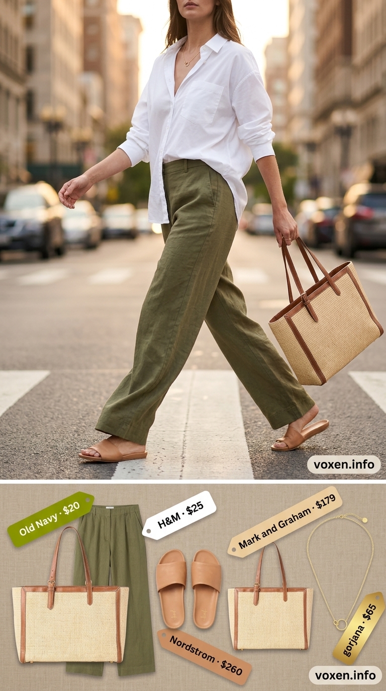 City Explorer Chic: Olive green linen pants & white oversized shirt for summer tops outfit for women 2026.