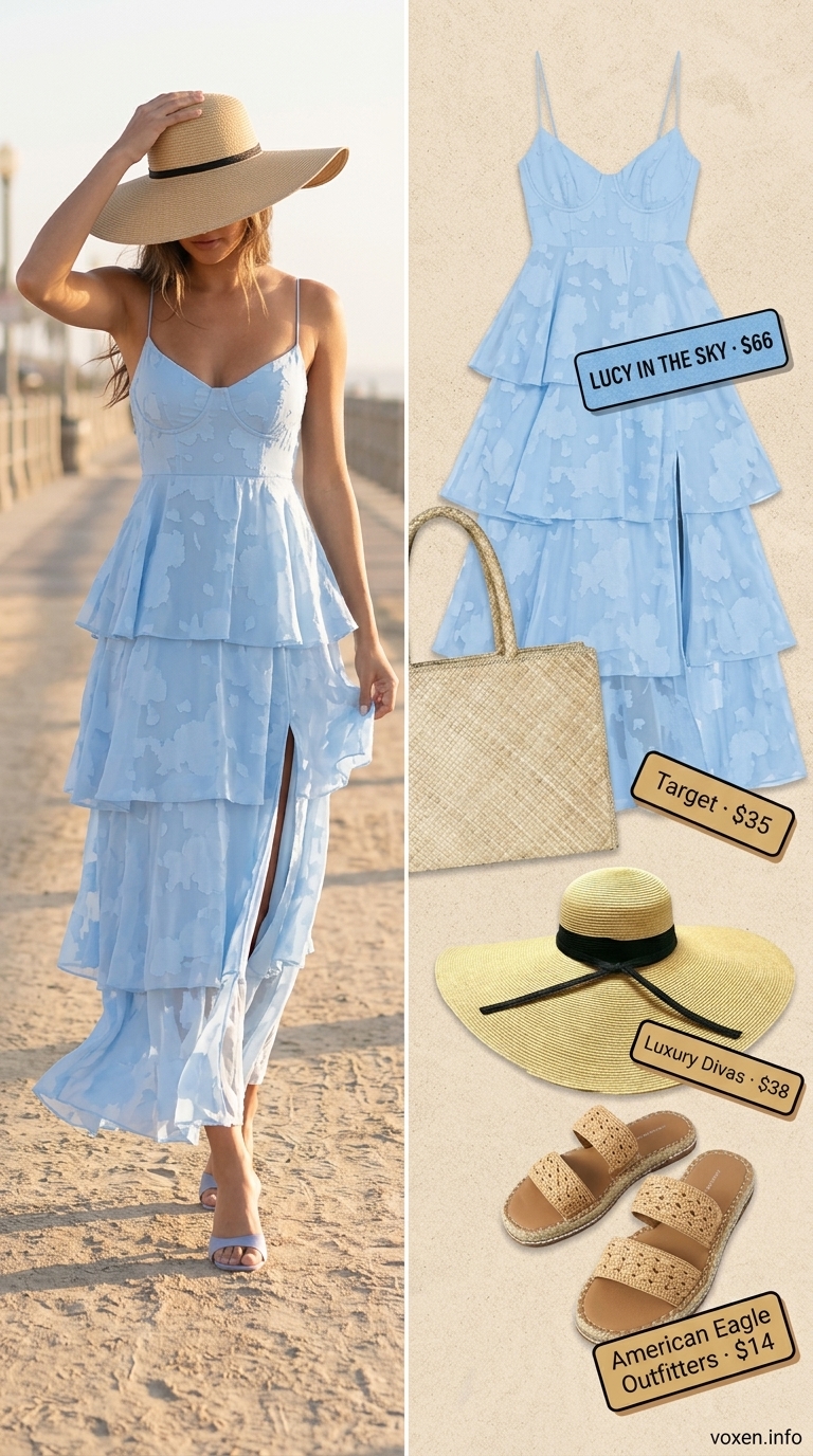 Coastal Breeze Maxi dress: Sky Blue cotton voile, straw hat & tote for summer tops outfit for women 2026.