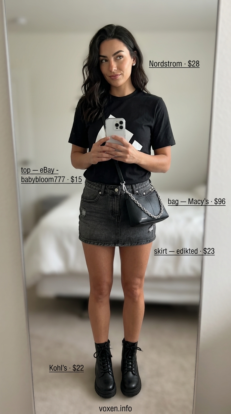 Edgy black denim mini skirt outfit for women 2026, perfect for concerts and nights out.