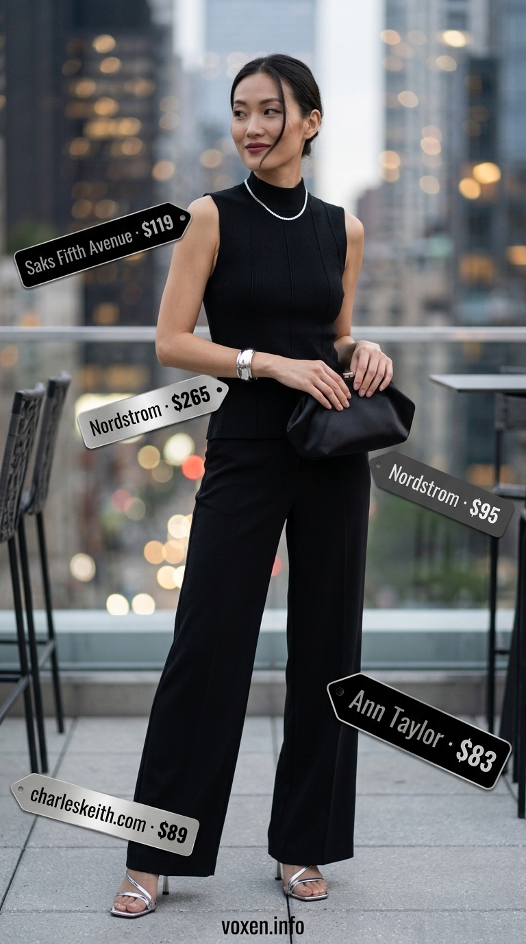 Elevated Evening Ease: Black wide-leg pants & silver heels for summer tops outfit for women 2026.