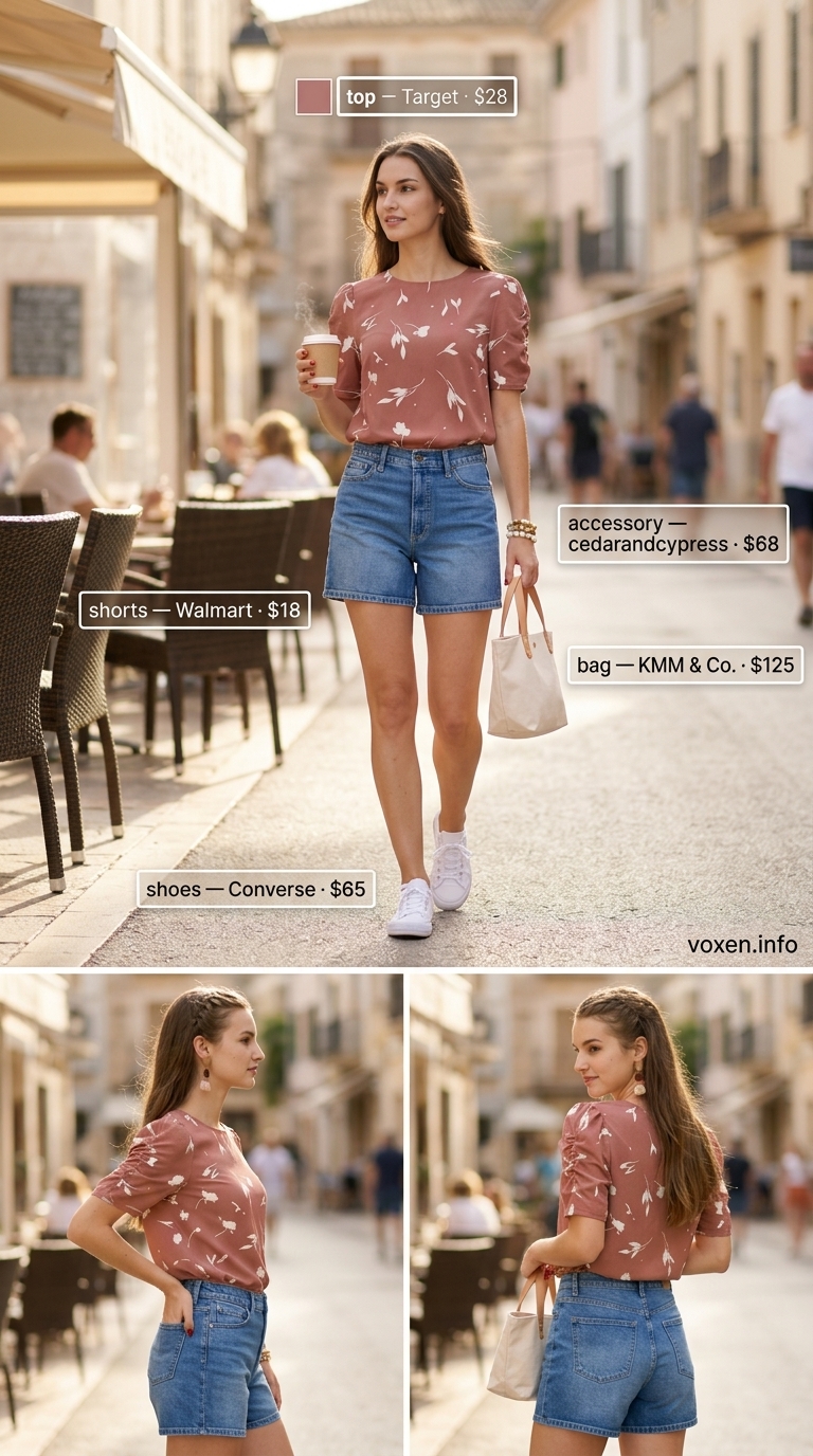 Coral floral print blouse outfit for women 2026, with denim shorts and white sneakers for a playful look.