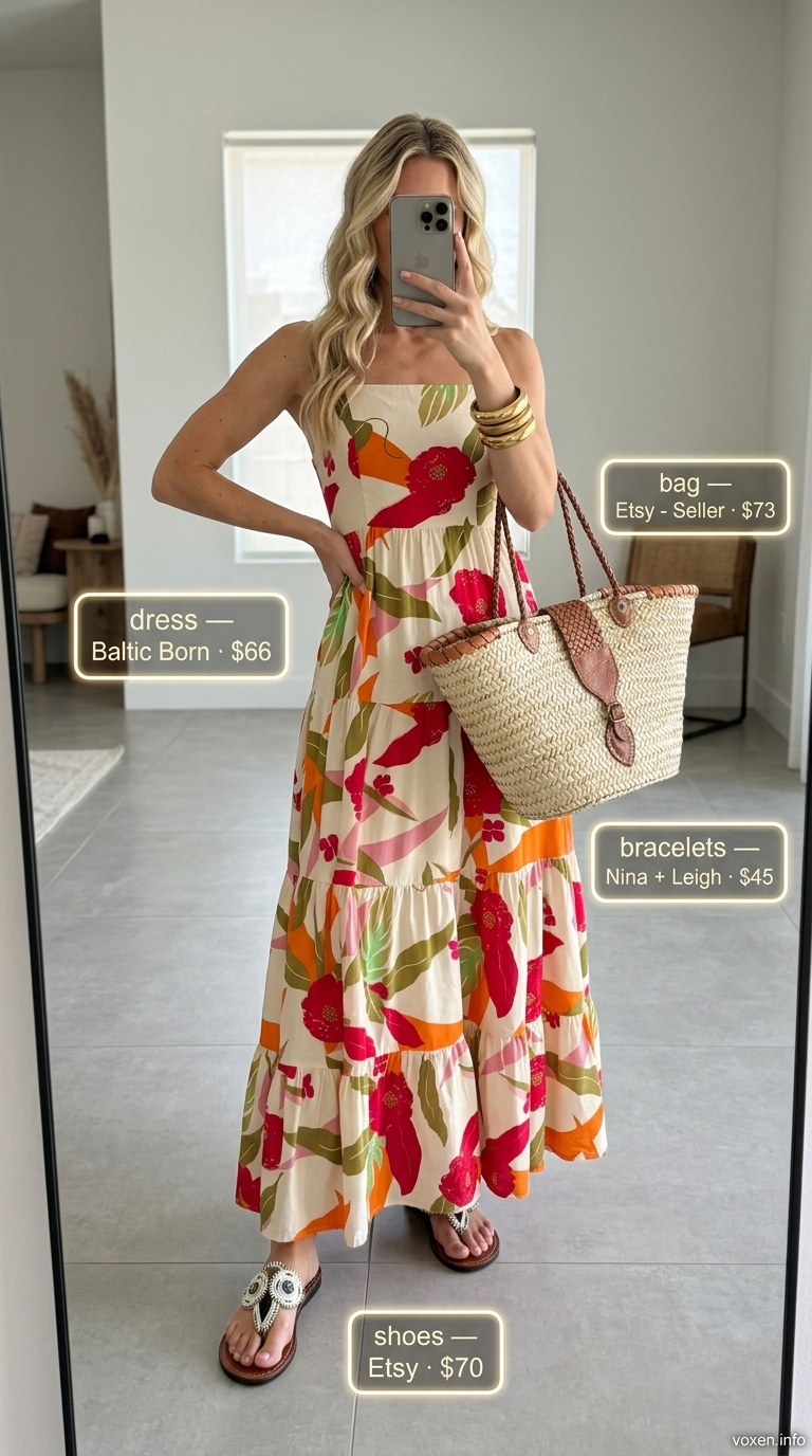 Bohemian multi-color floral maxi dress outfit for women 2026, perfect for beach days and summer festivals.