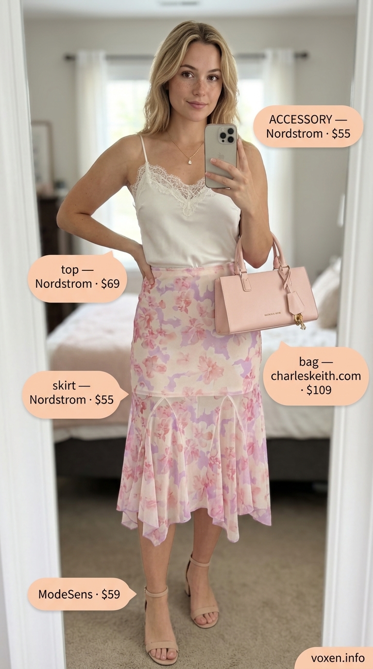 Romantic floral midi skirt outfit for women 2026, perfect for garden parties and date nights. Pastel pink, ivory, gold.