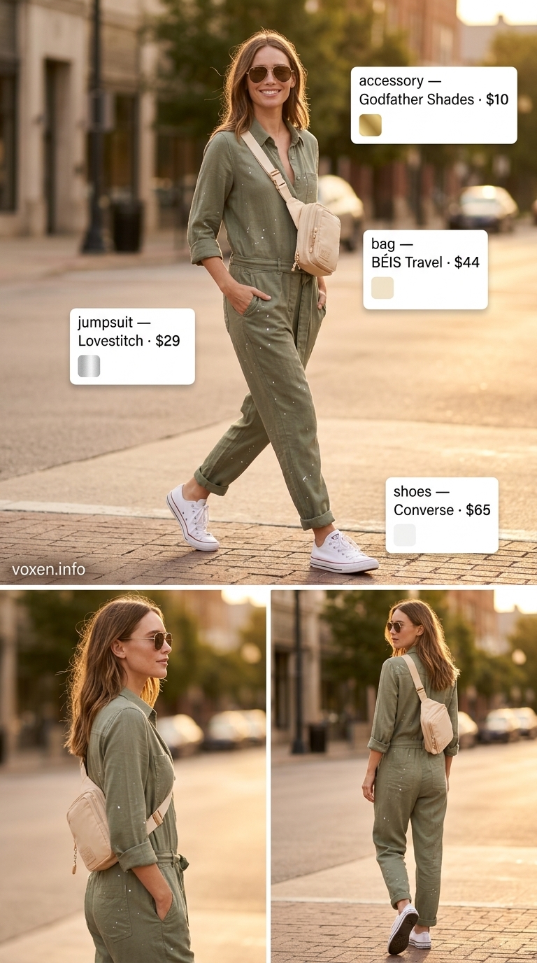 Olive green utility jumpsuit outfit for women 2026, with white sneakers and aviator sunglasses for a chic look.