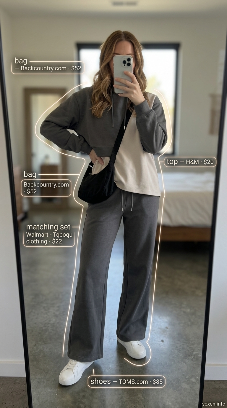 Comfortable charcoal grey knit set outfit for women 2026, ideal for casual outings and travel.