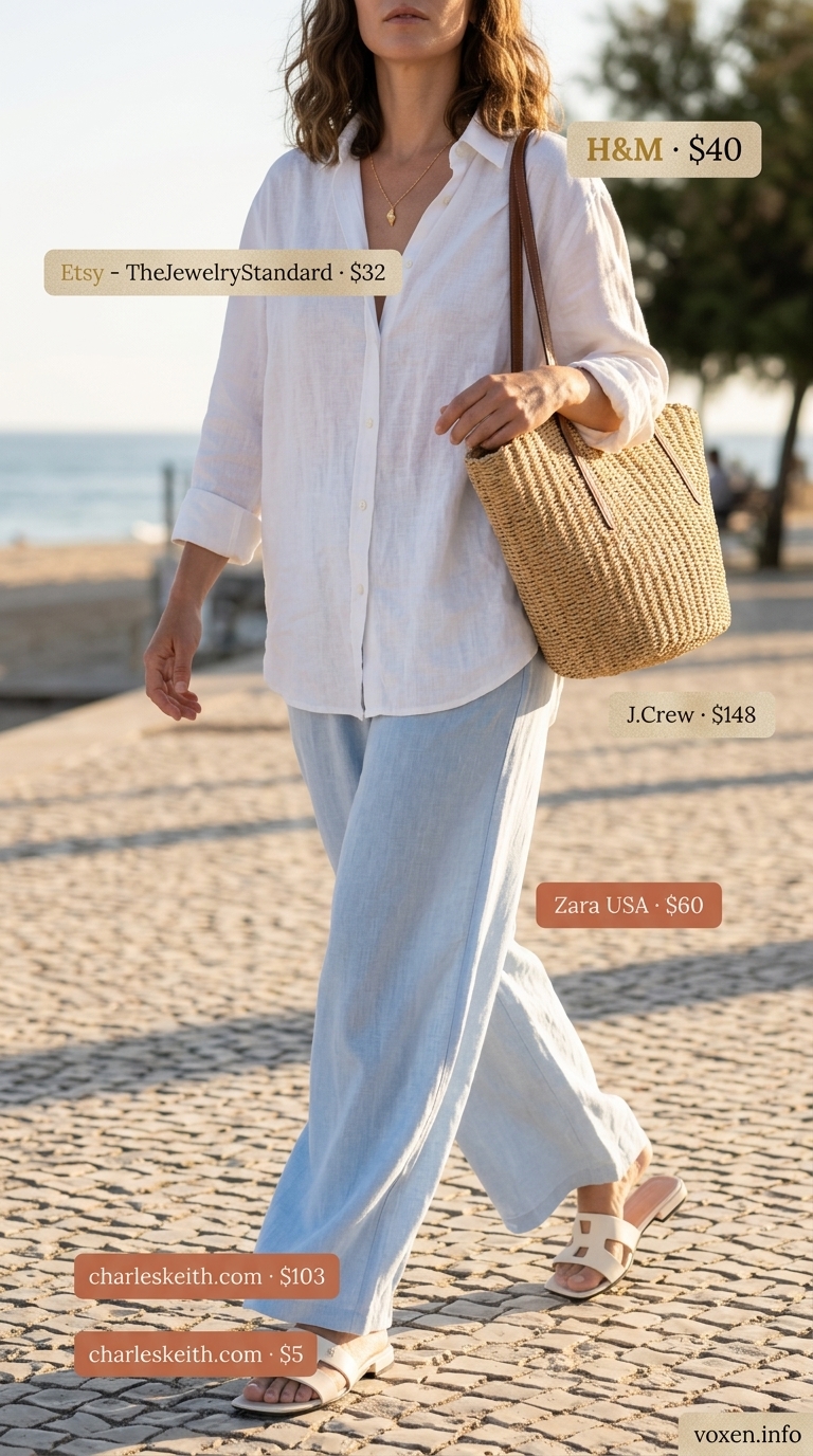 Relaxed soft sky blue linen set outfit for women 2026, perfect for beach vacations and resort wear.