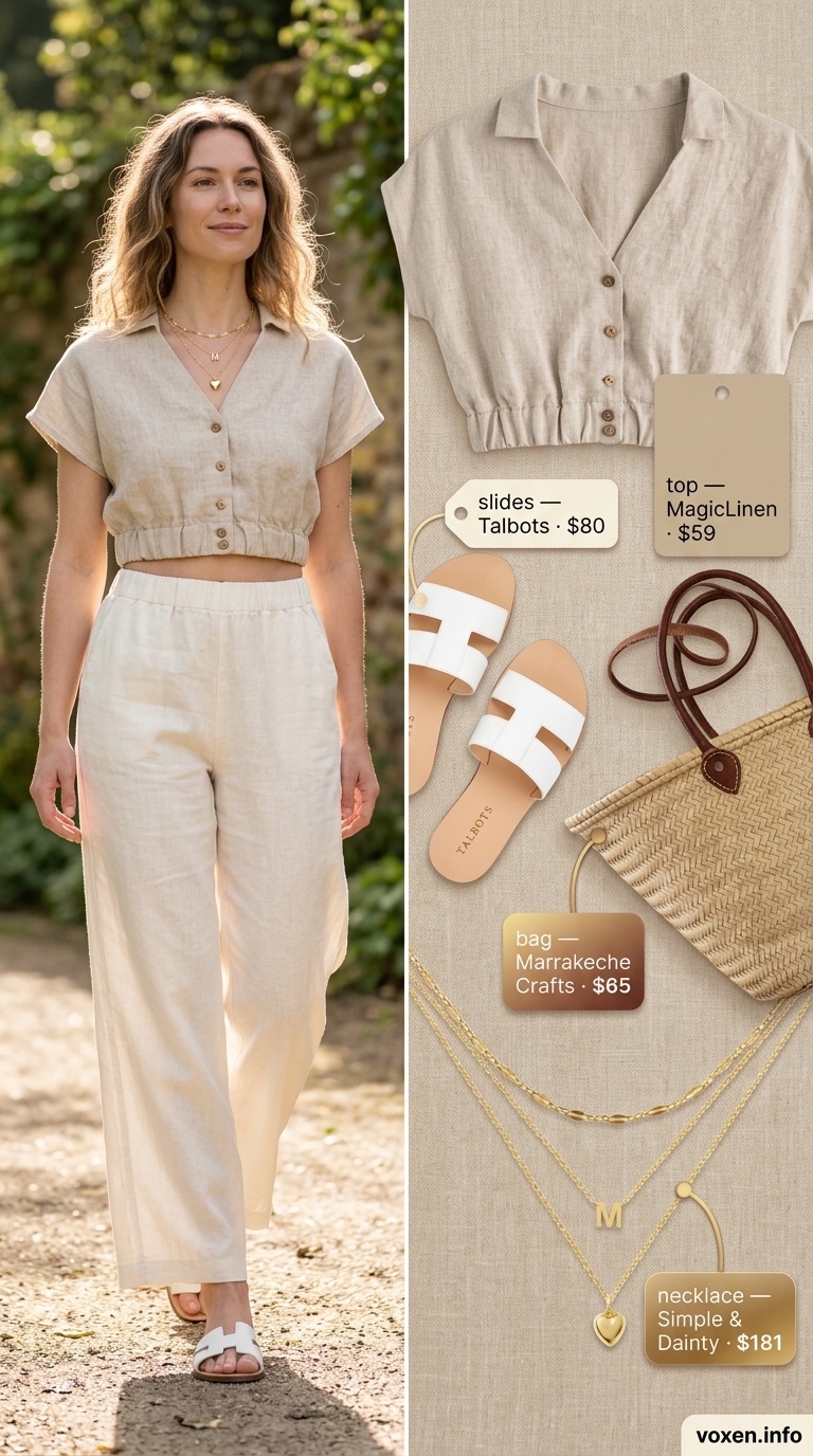 Cream linen matching set outfit for women 2026, perfect for brunch or beach town exploration.