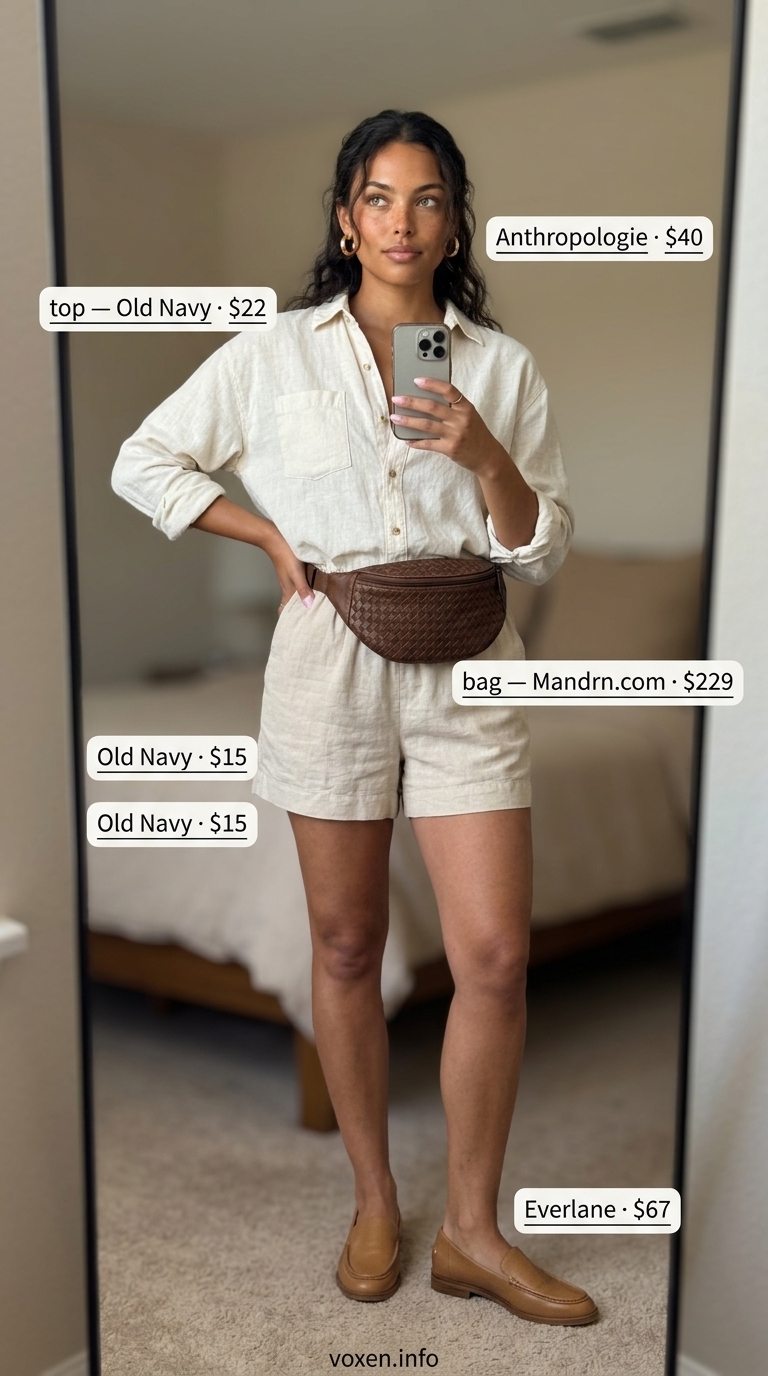 Effortless cream linen shorts set outfit for women 2026, perfect for weekend brunch and casual daytime.