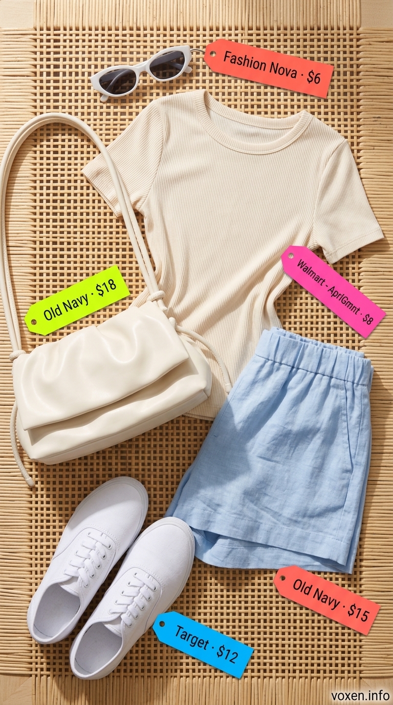 Pastel blue linen shorts outfit for women 2026, featuring a cream ribbed top and white sneakers for a casual day out.