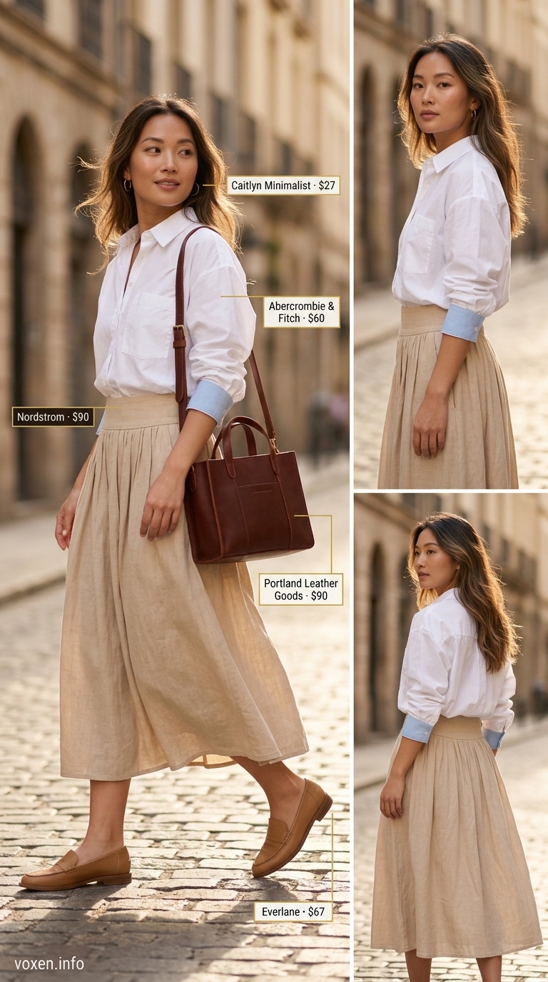 Chic beige linen midi skirt outfit for women 2026, styled with an oversized white shirt and loafers.