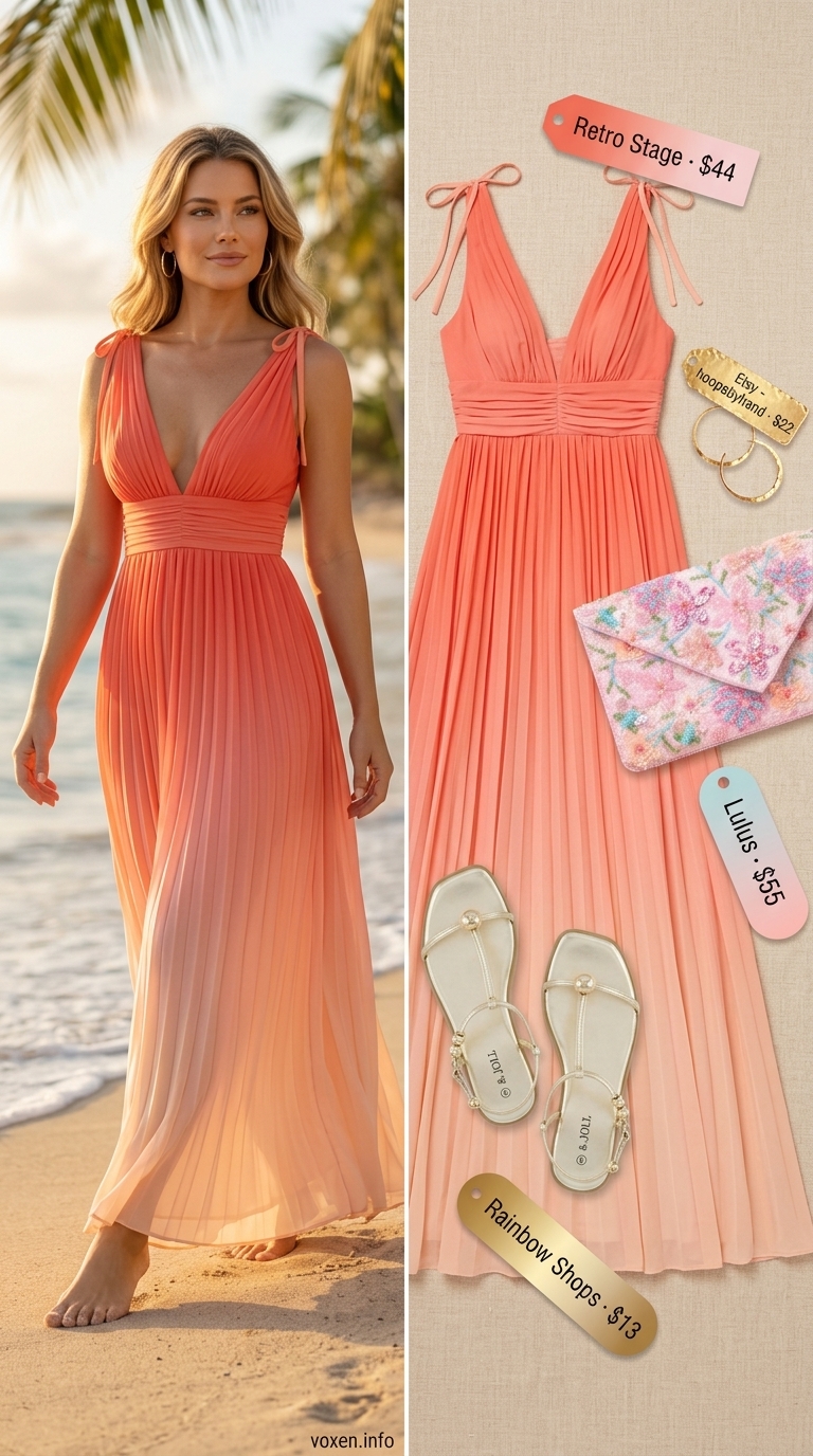Coral and pink ombre maxi dress outfit for women 2026, perfect for a beachside wedding or summer event.