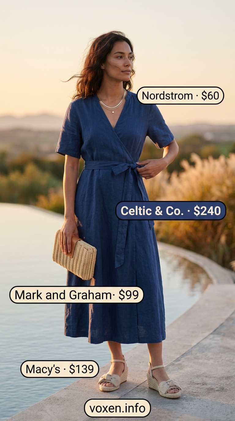Mediterranean Evening: Navy linen wrap dress & espadrilles for summer tops outfit for women 2026.