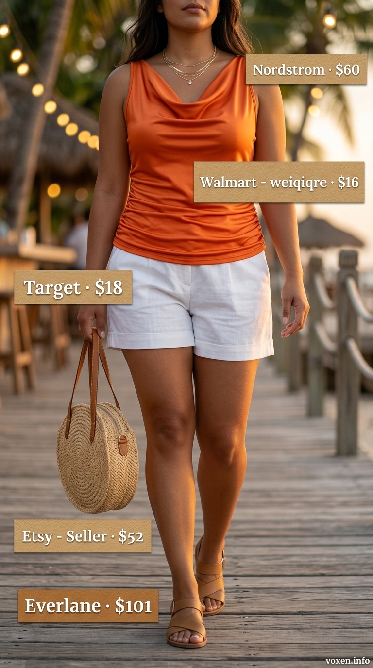 Vibrant sunset orange satin top outfit for women 2026, paired with linen shorts for a relaxed glam look.