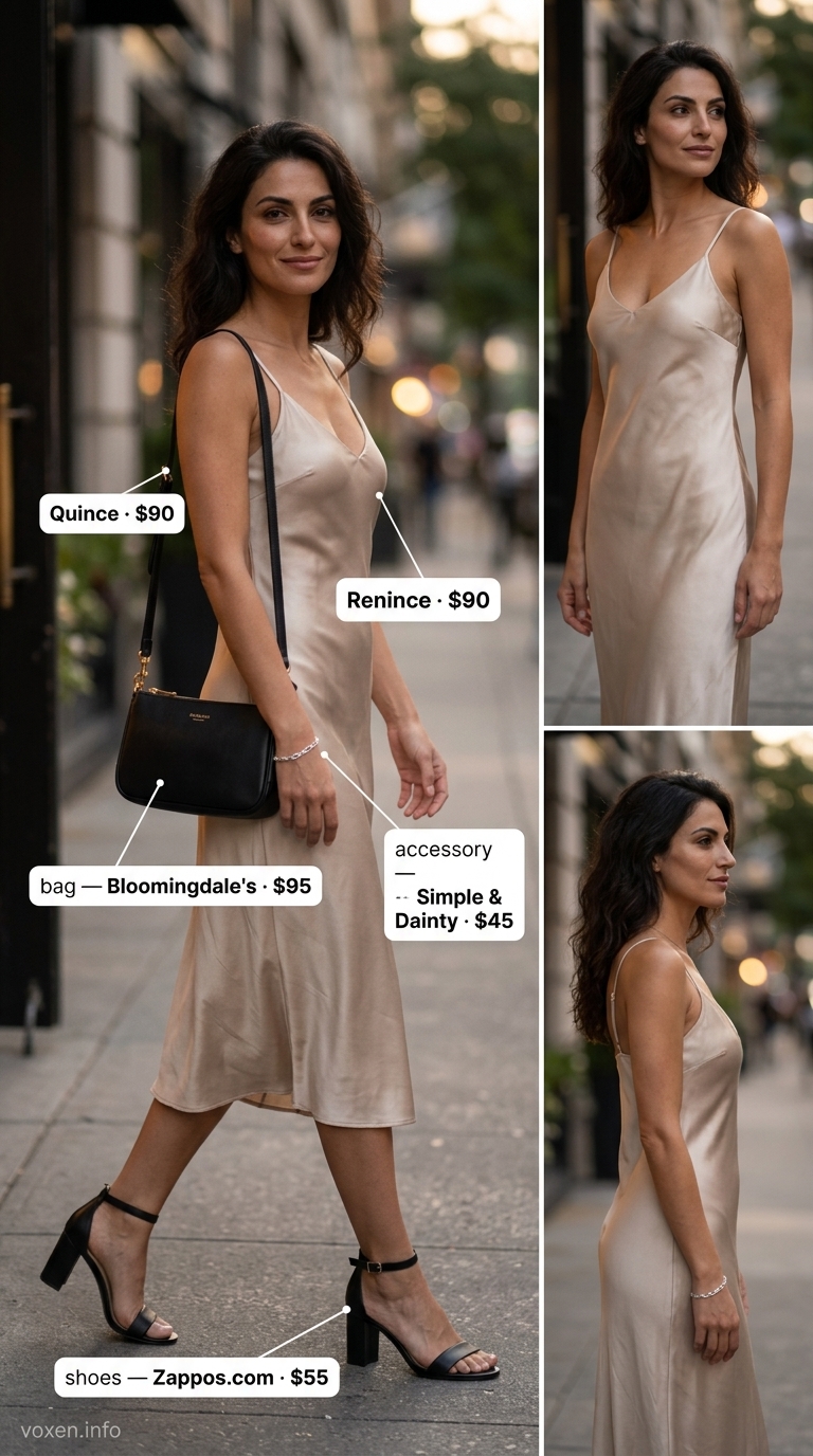 Modern minimalist champagne slip dress outfit for women 2026, ideal for summer evenings and dinner dates.
