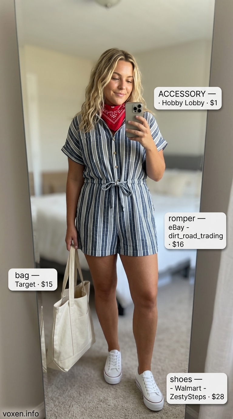 Playful navy and white striped romper outfit for women 2026, ideal for casual daytime, beach days, and picnics.