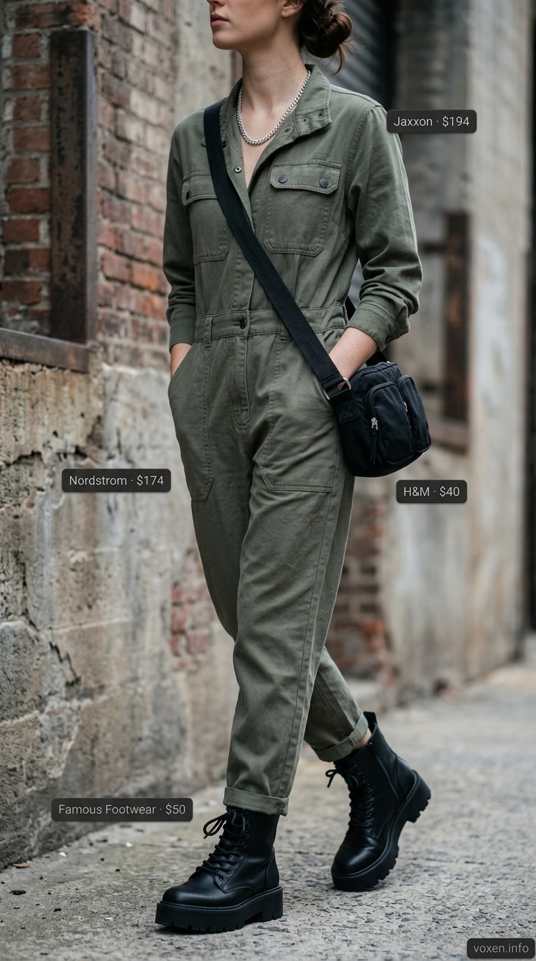Utilitarian Cool: Khaki jumpsuit & combat boots for summer tops outfit for women 2026.
